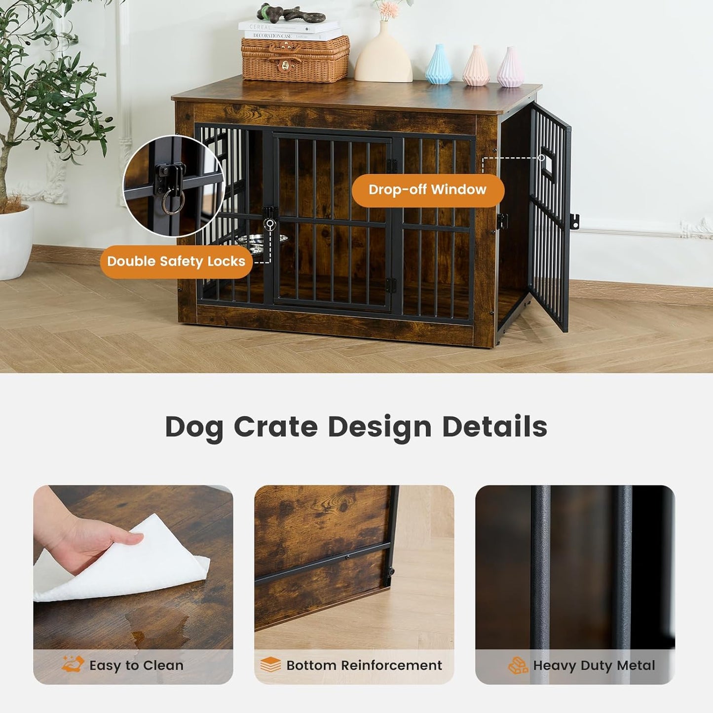 Gardner Pet Dog Crate Furniture for Medium Dogs, 38.8 Inch Dog Kennel Indoor, Wooden Dog Cage End Table with 2 Removable Bowls, Heavy Duty Dog Crate, Rustic Brown