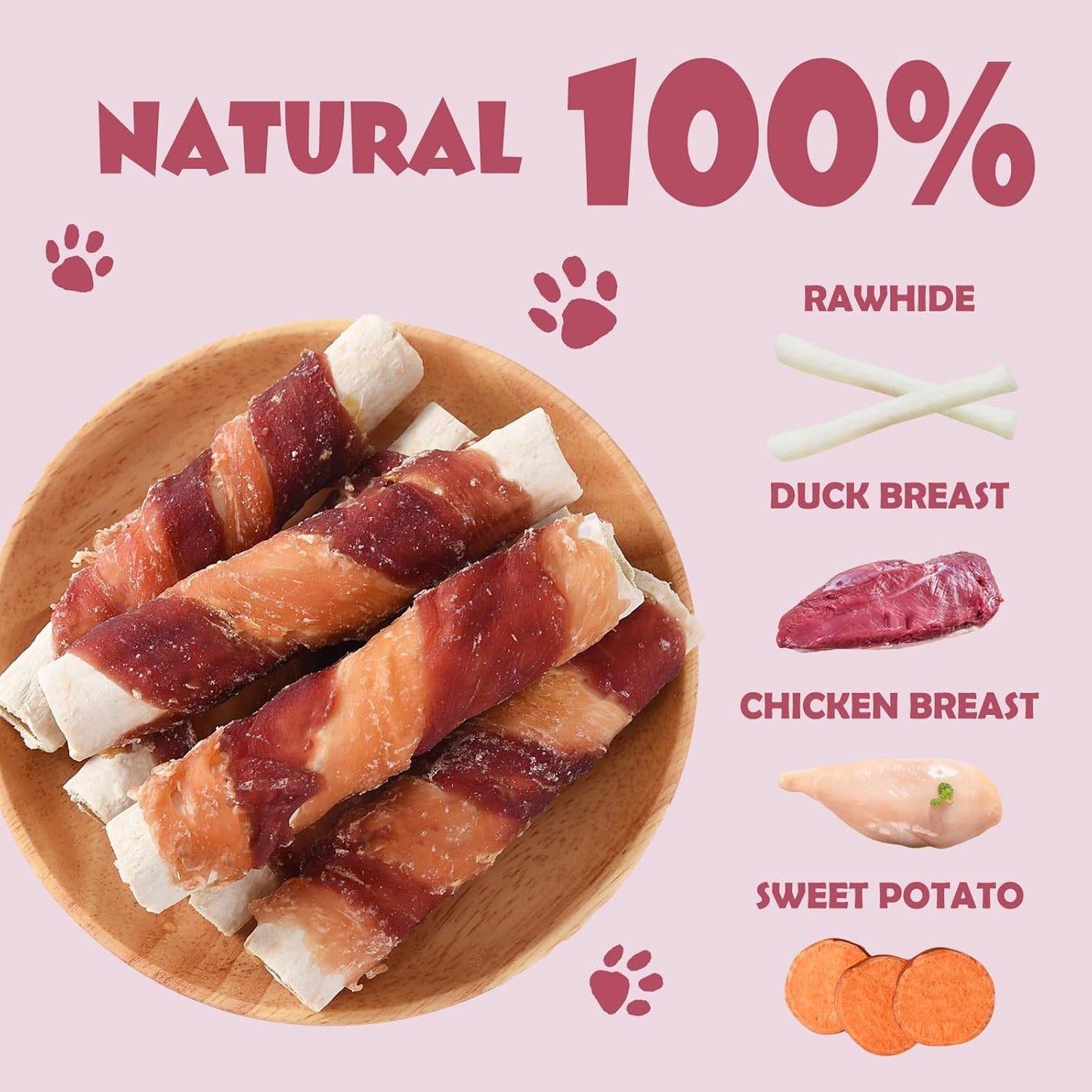 ASMPET Dog Treats, Chicken & Duck Wrapped Rawhide Sticks Filled with Sweet Potato for Small Medium Large Dogs