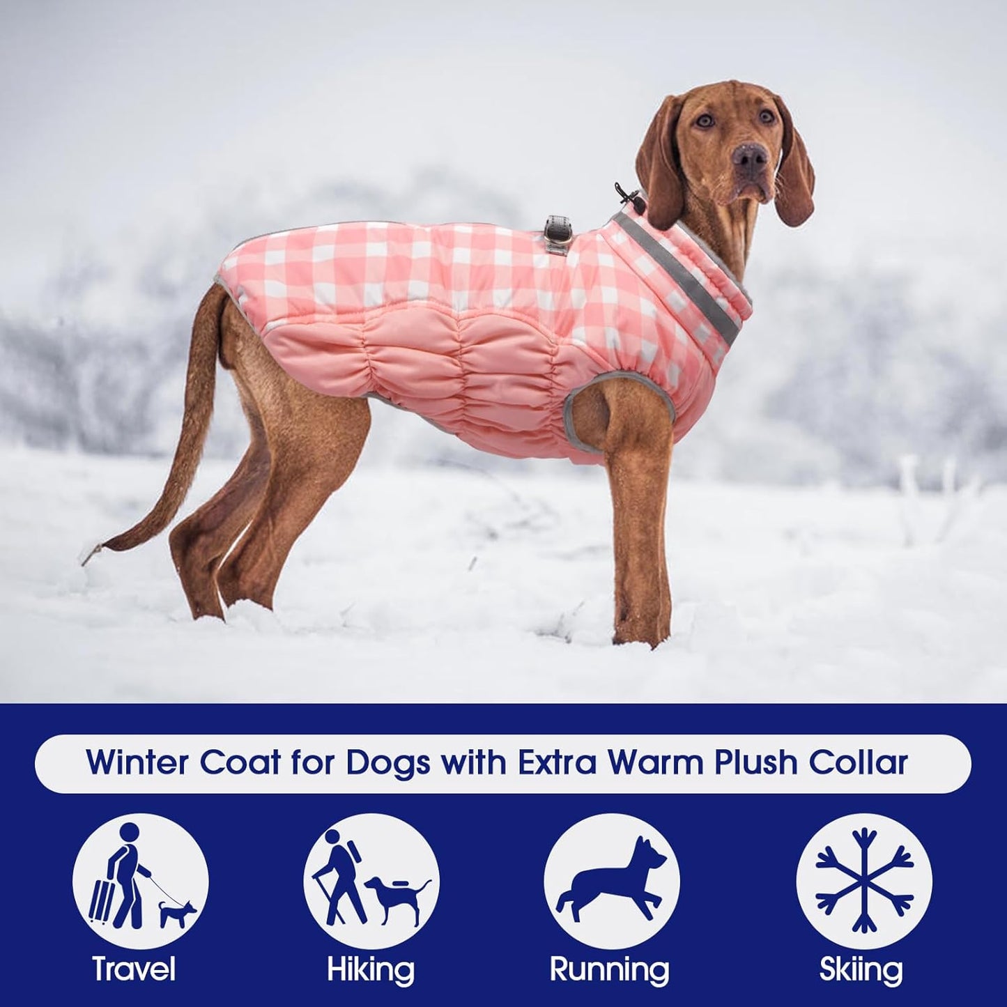 FUAMEY Dog Coat for Large Dogs,Waterproof Dog Winter Jacket with Harness Built in Puppy Cold Weather Coats Reflective Pet Vest with Zipper Warm Fleece Dogs Snowsuit Windproof Pink Plaid XL