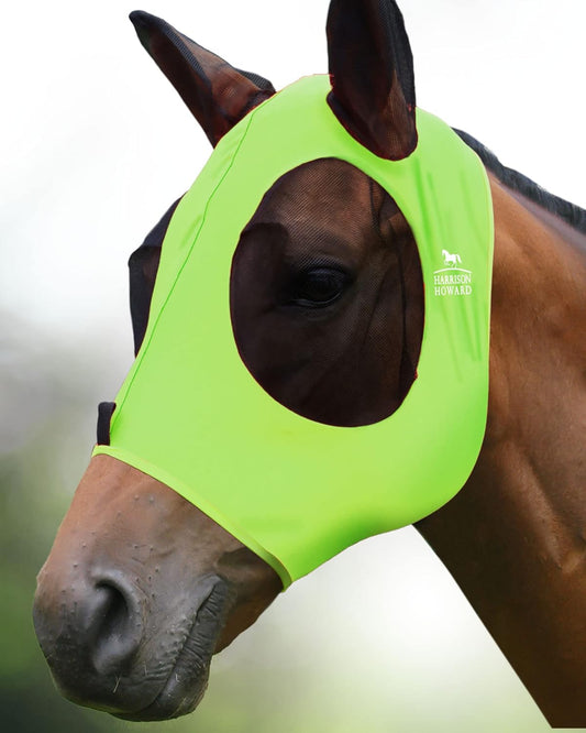 Harrison Howard Super Comfort Stretchy Fly Mask Large Eye Space with UV Protection Soft on Skin with Breathability Fluro Lime Full Size