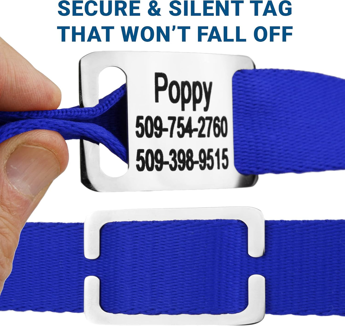 GoTags Personalized Dog Collar with Nameplate, Adjustable Dog Collar with Custom Engraved Slide On Pet ID Tag in Stainless Steel, Silent, No Noise Dog Tag for Large Medium and Small (Blue, Medium)