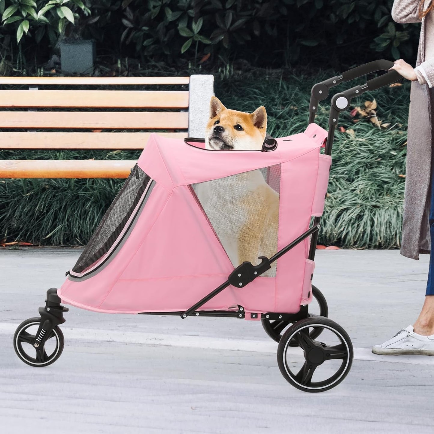 Athena Collection 3 Wheels Pet Stroller Fabric Dog Cart Dog Stroller for Large Dogs 55 Lbs Pet Stroller with Mesh Windows, Zipper Back Pocket, Safety Tether, Angle Adjustable Handlebar, Pink