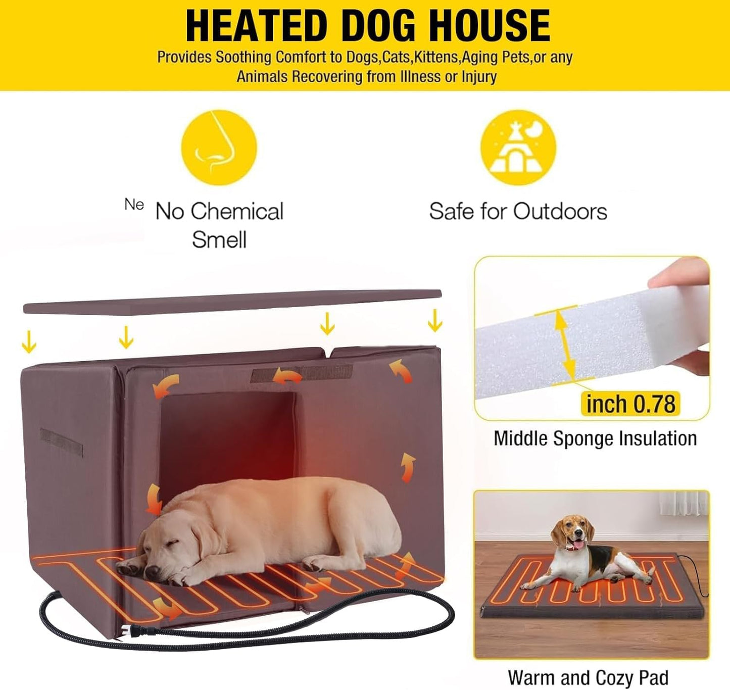 Aivituvin Dog House Outdoor Heated Dog Kennel with Insulated Liner & Heater for Winter Strong Iron Frame Large Dog Cage for Small & Medium Dogs,33.5"