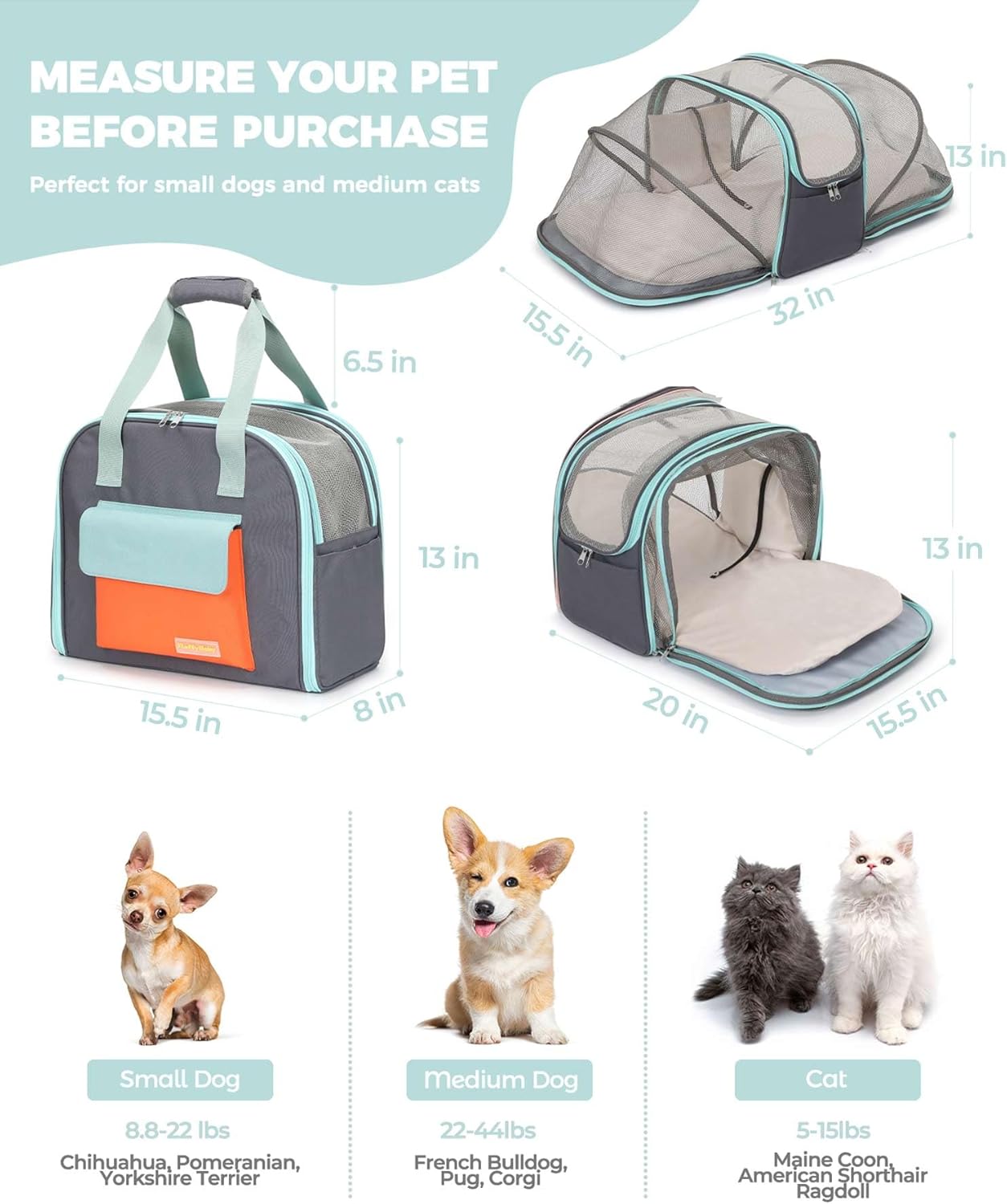 Expandable Pet Carrier Backpack, Cat Carrier Backpacks with Breathable Mesh for Cats Small Dogs Puppies Up to 25 Lbs Airline Approved Waterproof Travel Carrier with Safety Buckle for Hiking & Flights