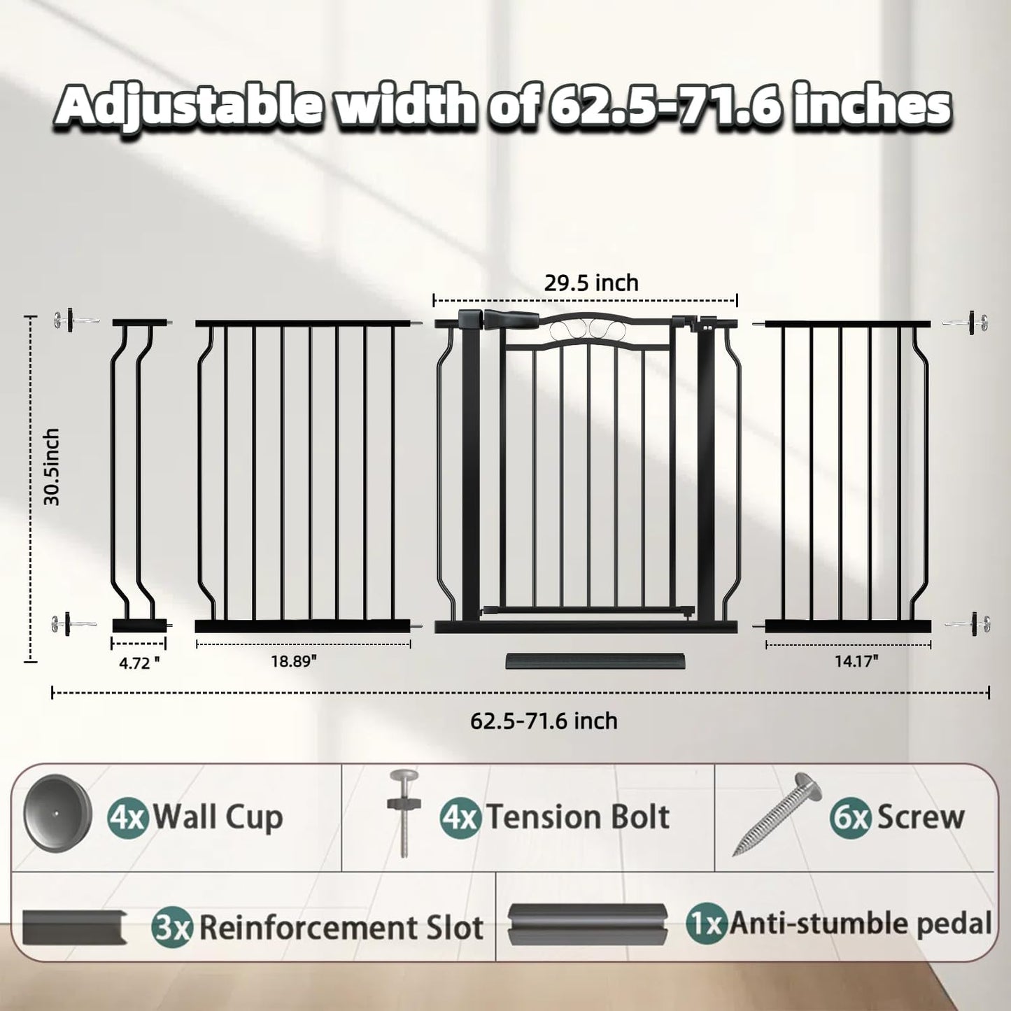 62.5"-71.6" Extra Wide Baby Gate for Doorways No Drill, Pressure Mounted Dog Gate Indoor, Walk Thru Pet Gate for Cat Dog Child,Pet Gates for The House Doorway Black