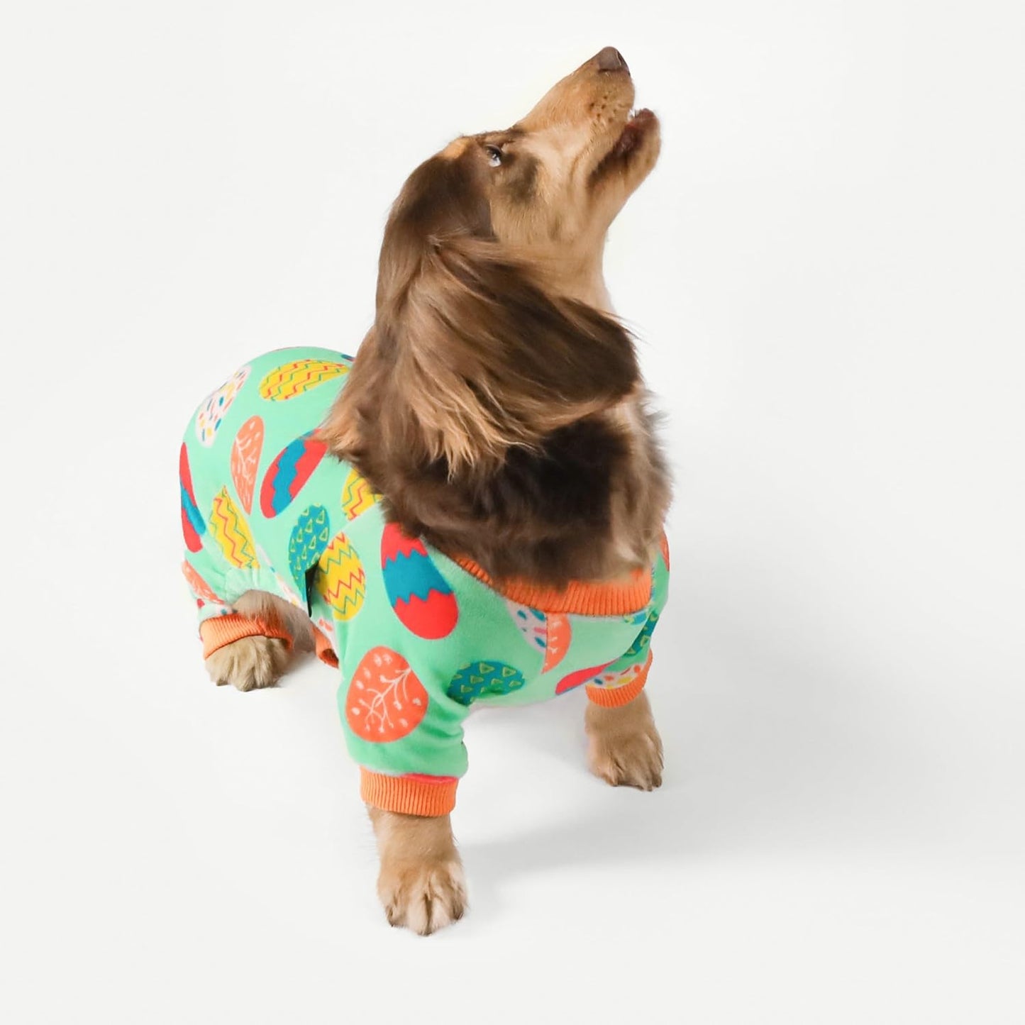 Fitwarm Easter Egg Dog Pajamas, Holiday Dog Clothes for Small Dogs Girl Boy, Pet Easter Outfit, Puppy Cat Onesie, Lightweight Velvet, Light Green, Orange, XL