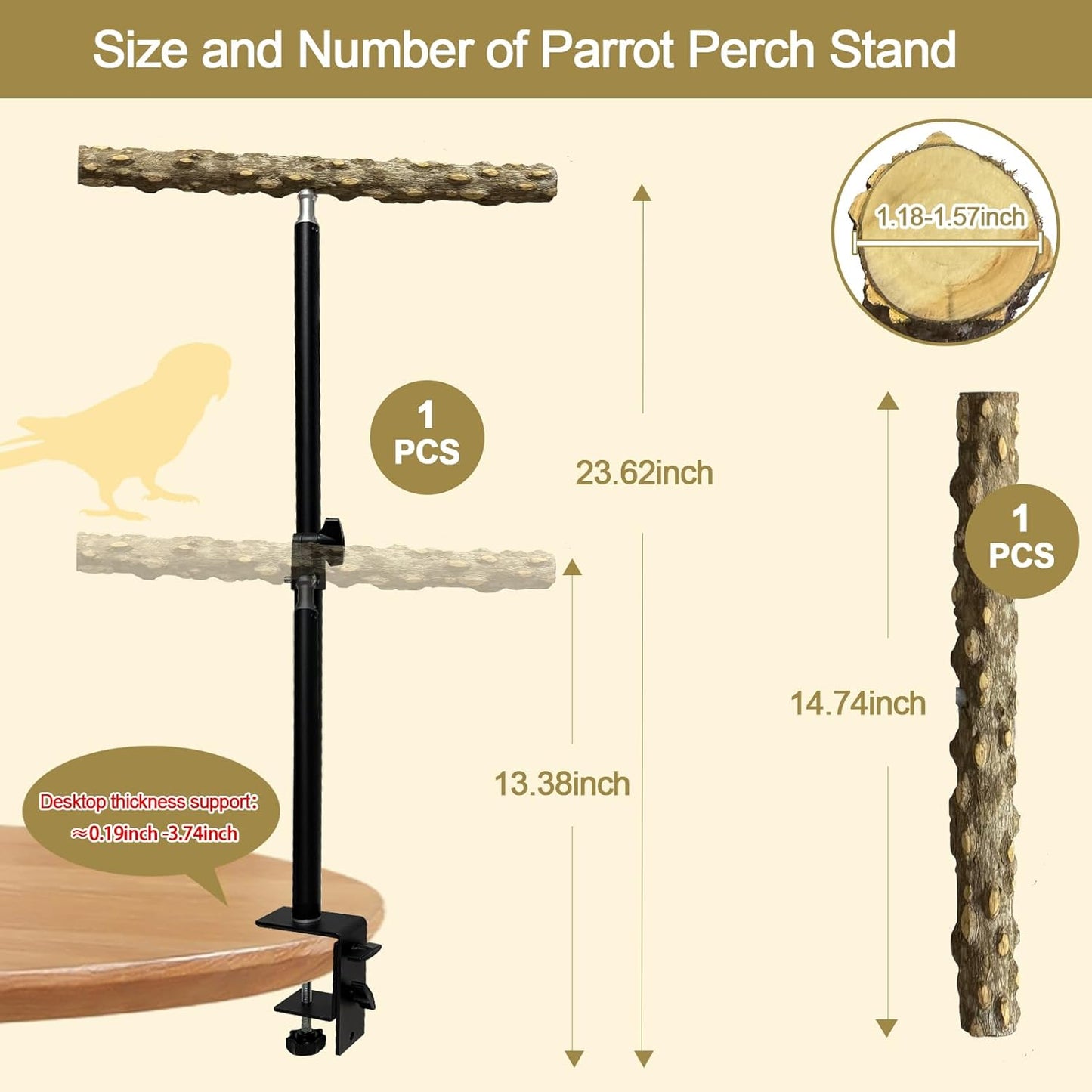 13-23 Inch Height Adjustable Desktop Bird Perch Pepper Wood Bird Training Perch Stand Parakeet Perches Indoor and Outdoor Parrot Stands for Small to Medium Bird