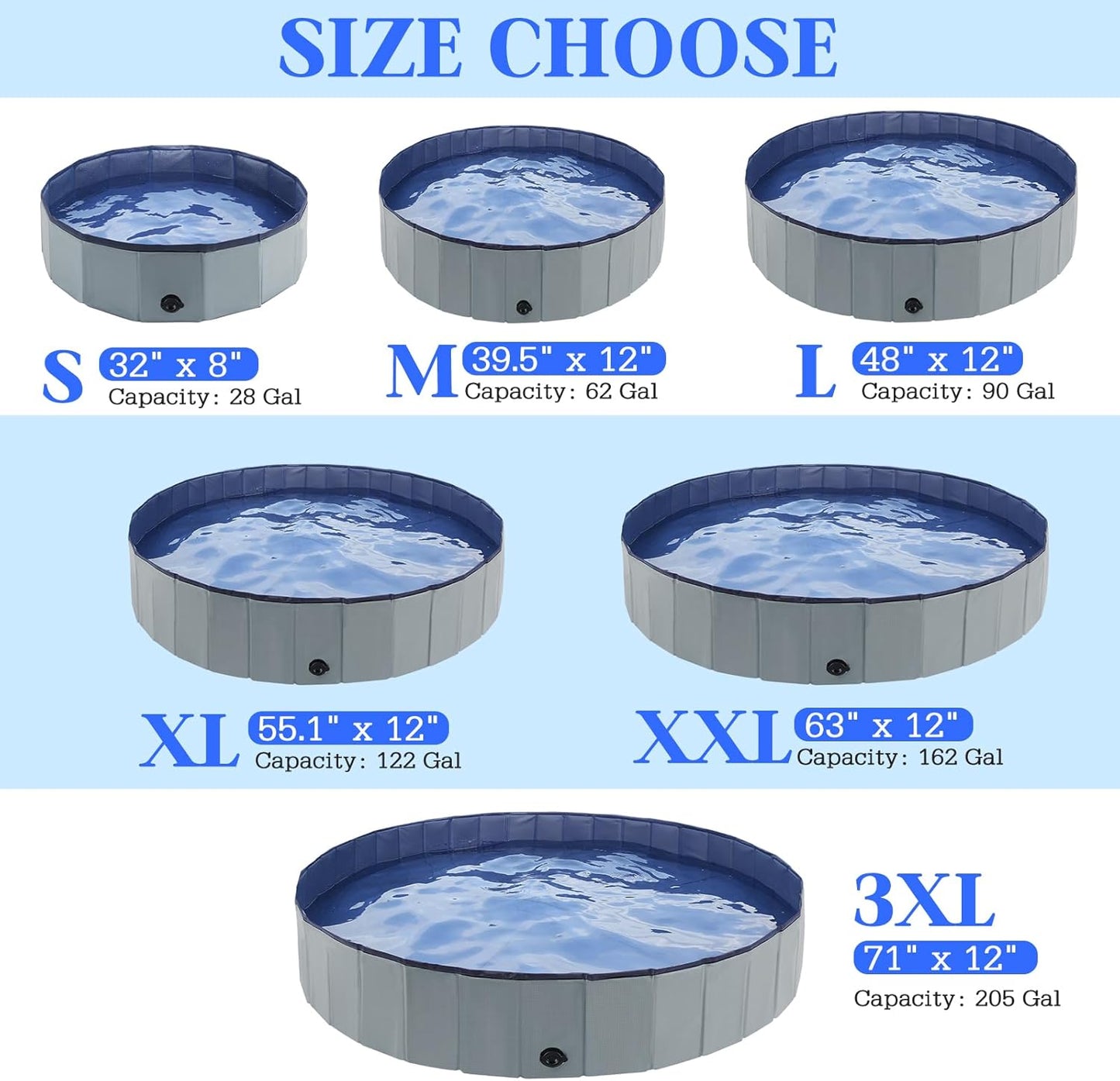 Foldable Dog Bath Swimming Pool 71'' Plastic Kiddie Pool Professional Tub Collapsible Grooming Bathtub for Pets Kids Baby and Toddler, 71 x 12 Inches Gray