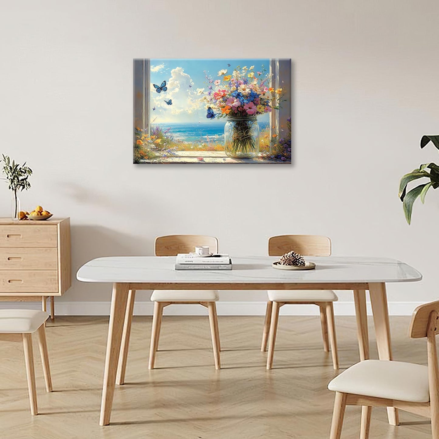 Beach Floral Bathroom Pictures Wall Art, Colorful Flower Bathroom Wall Decor, Coastal Ocean Framed Painting Canvas Artwork for Bedroom Living Room Decorations 24"L x 16"W