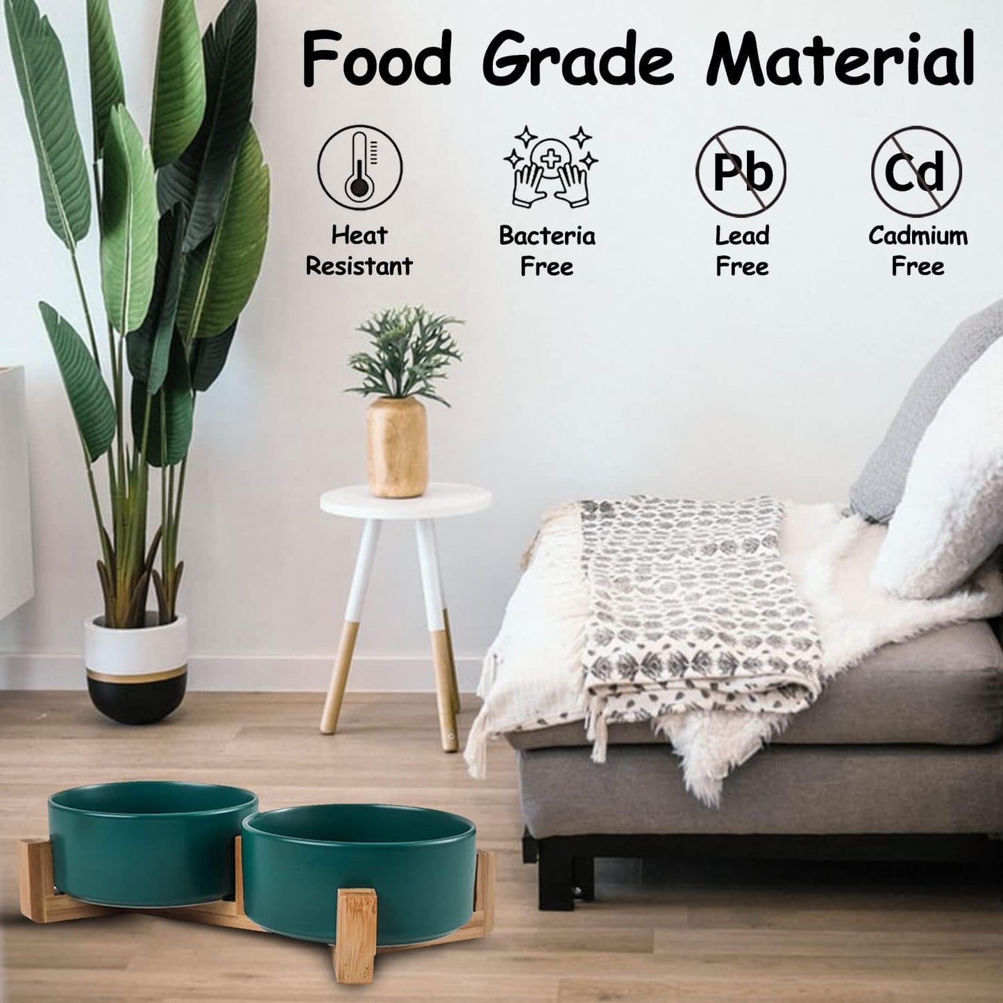 Petygooing Dog Bowls,Green Ceramic Cat Dog Bowl Set with Stand for Food and Water Feeder,Non-Slip Cute Modern Pet Dishes for Cats Small and Medium Size Dogs (28OZ/6.1 in)