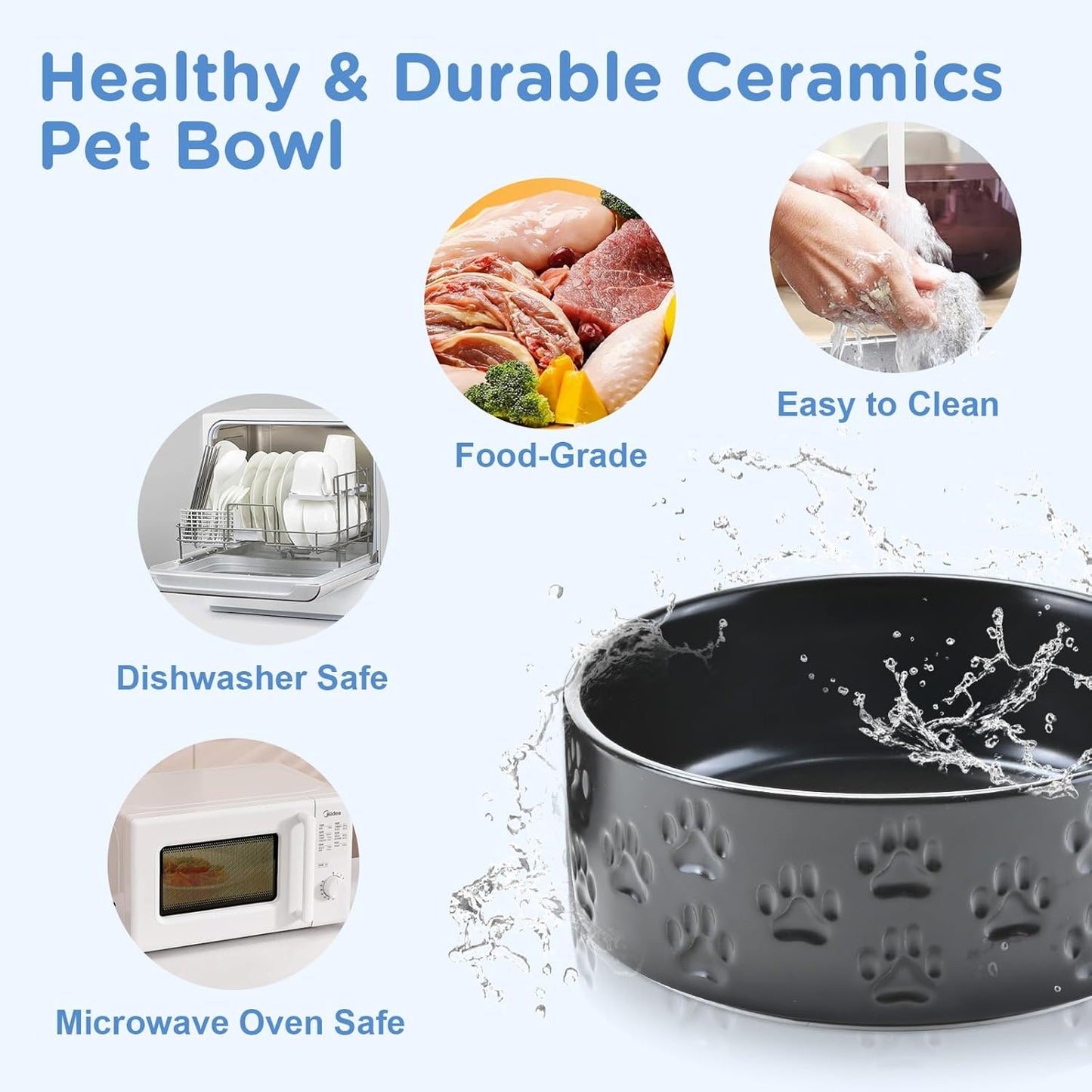 SPUNKYJUNKY Ceramic Dog Bowls 2 Pack, 7.3'' Dog Food Water Double Feeding Bowls Non-Slip for Medium to Large Sized Breed Microwave Dishwasher Safe - 42 OZ, 2pcs, Paw Black