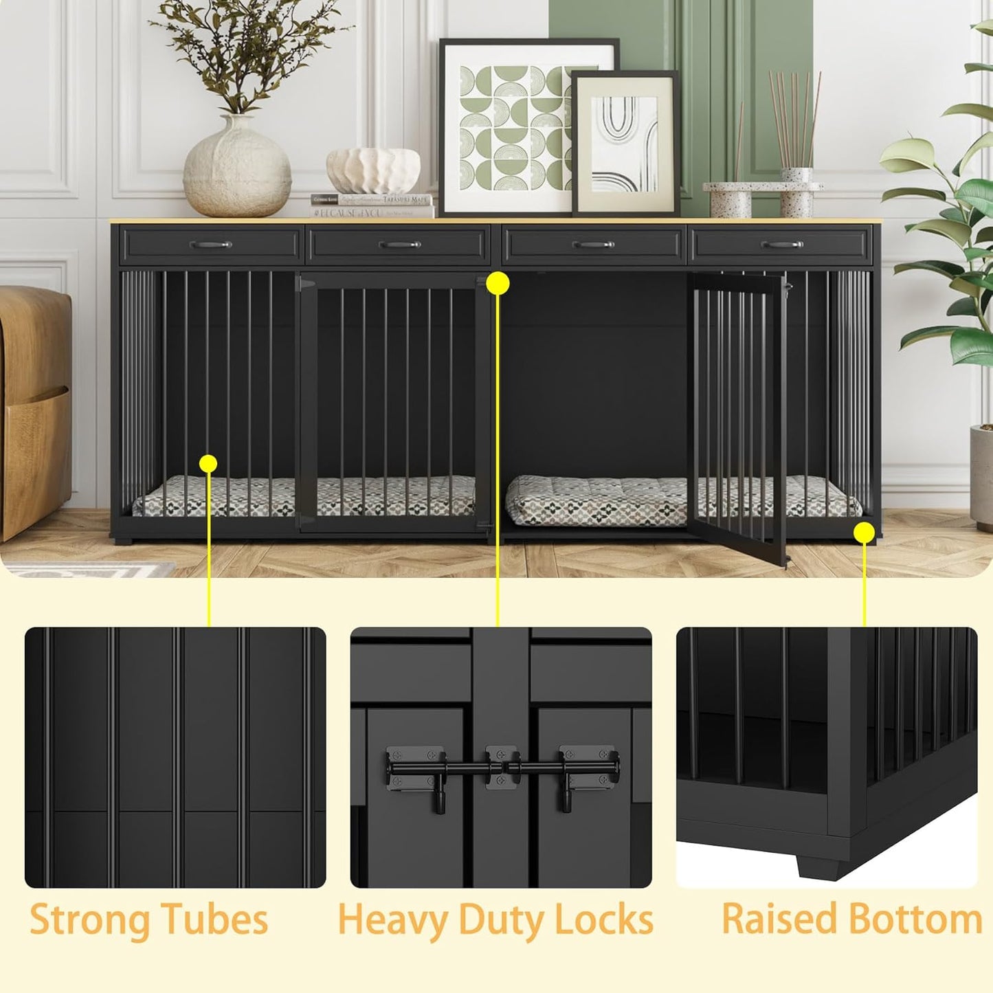 Extra Large Dog Crate with Double Rooms, 93" Heavy Duty Wooden Dog Cage Furniture Dog Crate Kennel w/Drawers & Removable Divider,Indoor Luxury Dog House for Large Dogs,Black