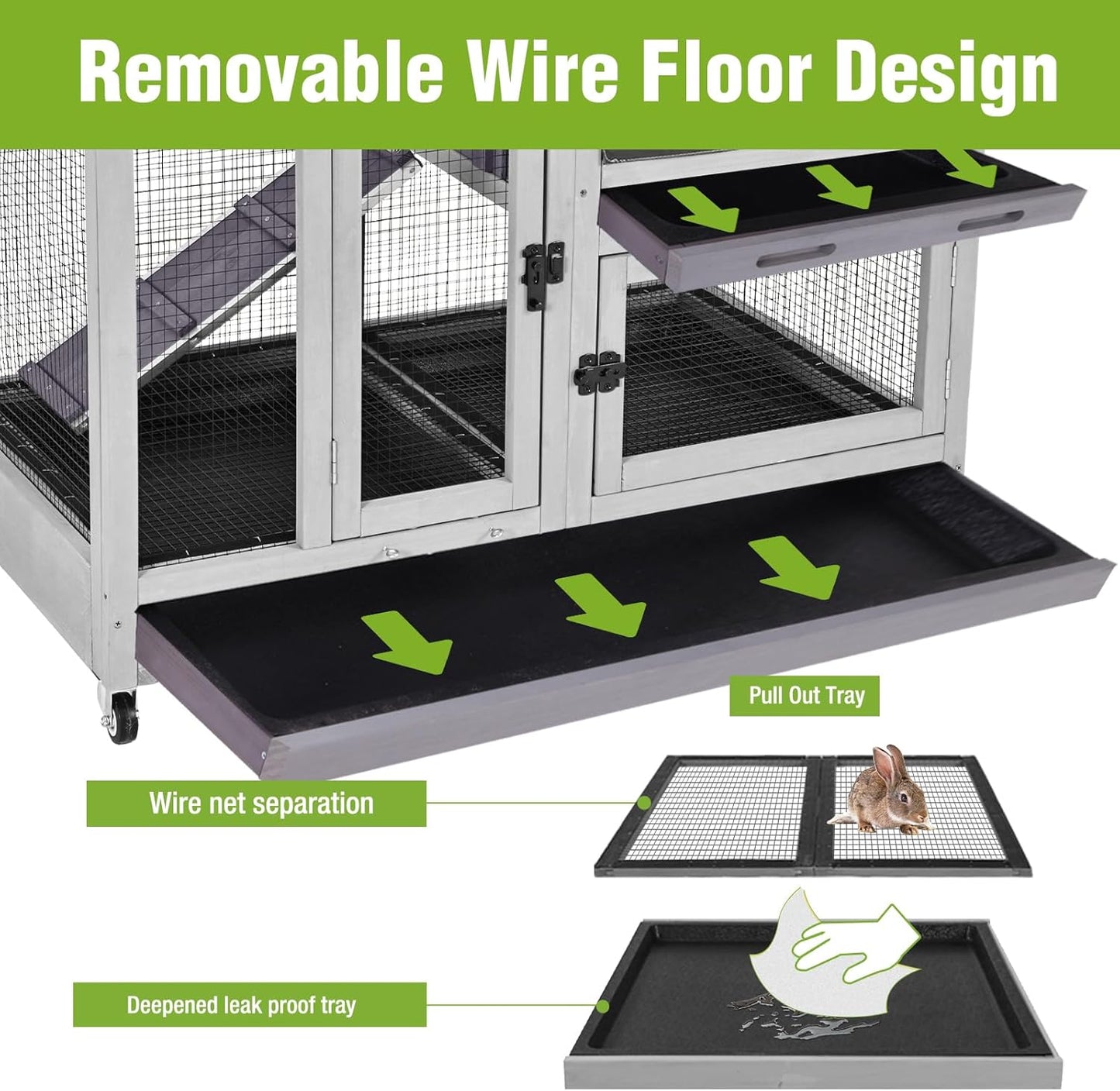 2-Story Rabbit Hutch Indoor Bunny Cage Outdoor Guinea Pig House with Wire Mesh Floor, Leak-Proof Trays, Lockable Wheels for Rabbits, Guinea Pigs, 40.6" L x 26" W x 37.6" H