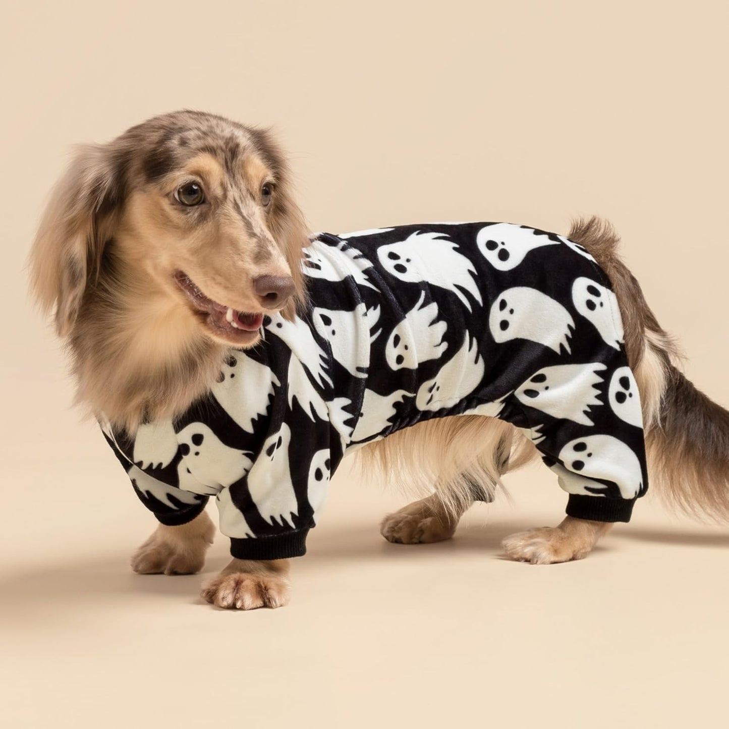 Fitwarm Halloween Ghost Dog Pajamas, Funny Halloween Costumes for Dogs, Fleece Dog Onesie with Feet, Doggy Clothes for Small Dogs Boy Girl, Pet Apparel, Black, White, XL