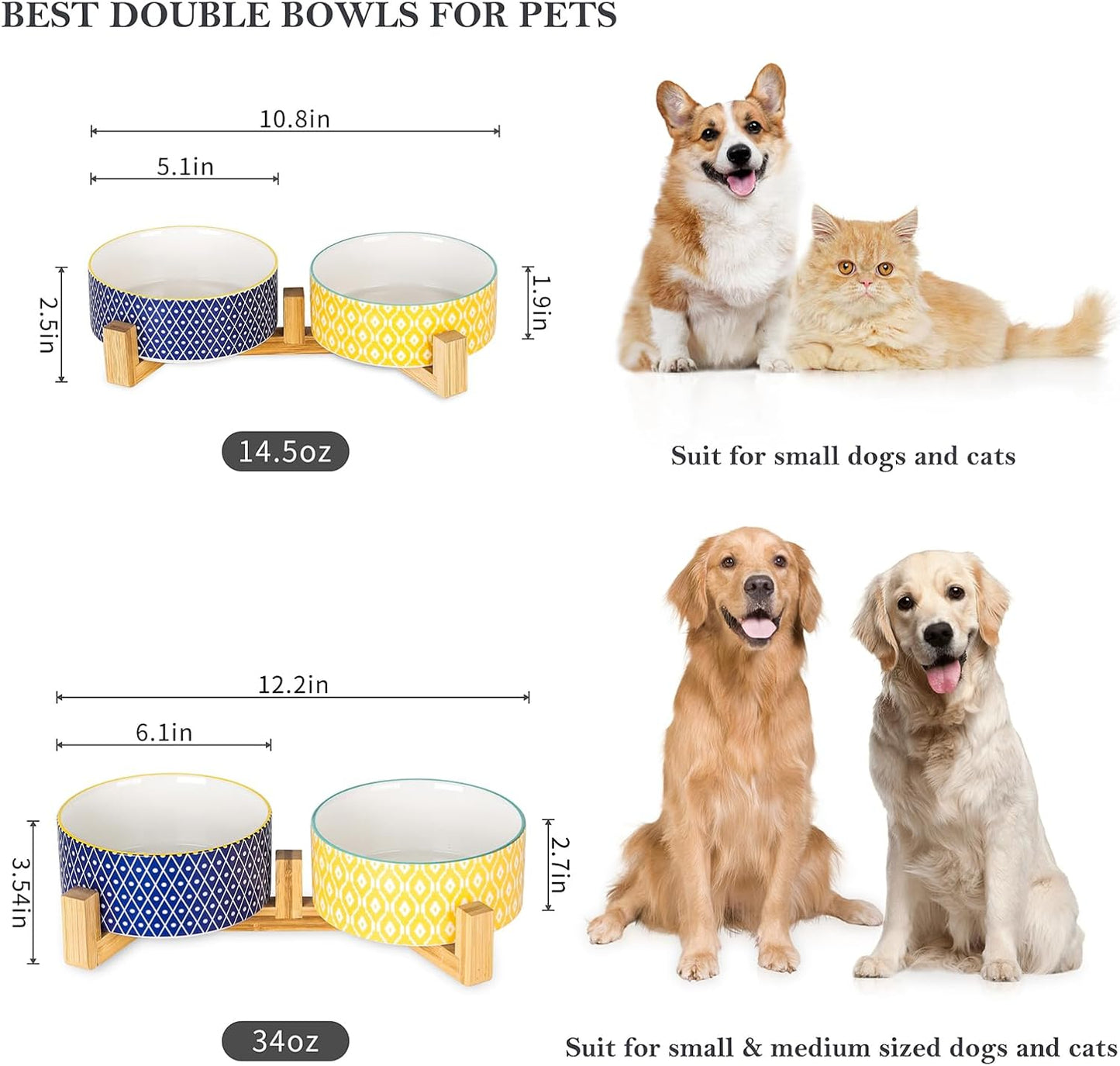 Selamica Ceramic 30 OZ Dog Bowls with Wooden Stand, Anti-Slip Dishes Set for Cats and Small Dogs, Weighted Bowls in Assorted Colors