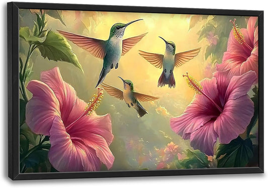 Framed Large Hummingbird Wall Art for Living Room, Oversized Rustic Bird Flower Wall Decor Floral Canvas Painting Nature Sunrise Pictures Modern Artwork for Bedroom Office Dinging Room 36"x24"