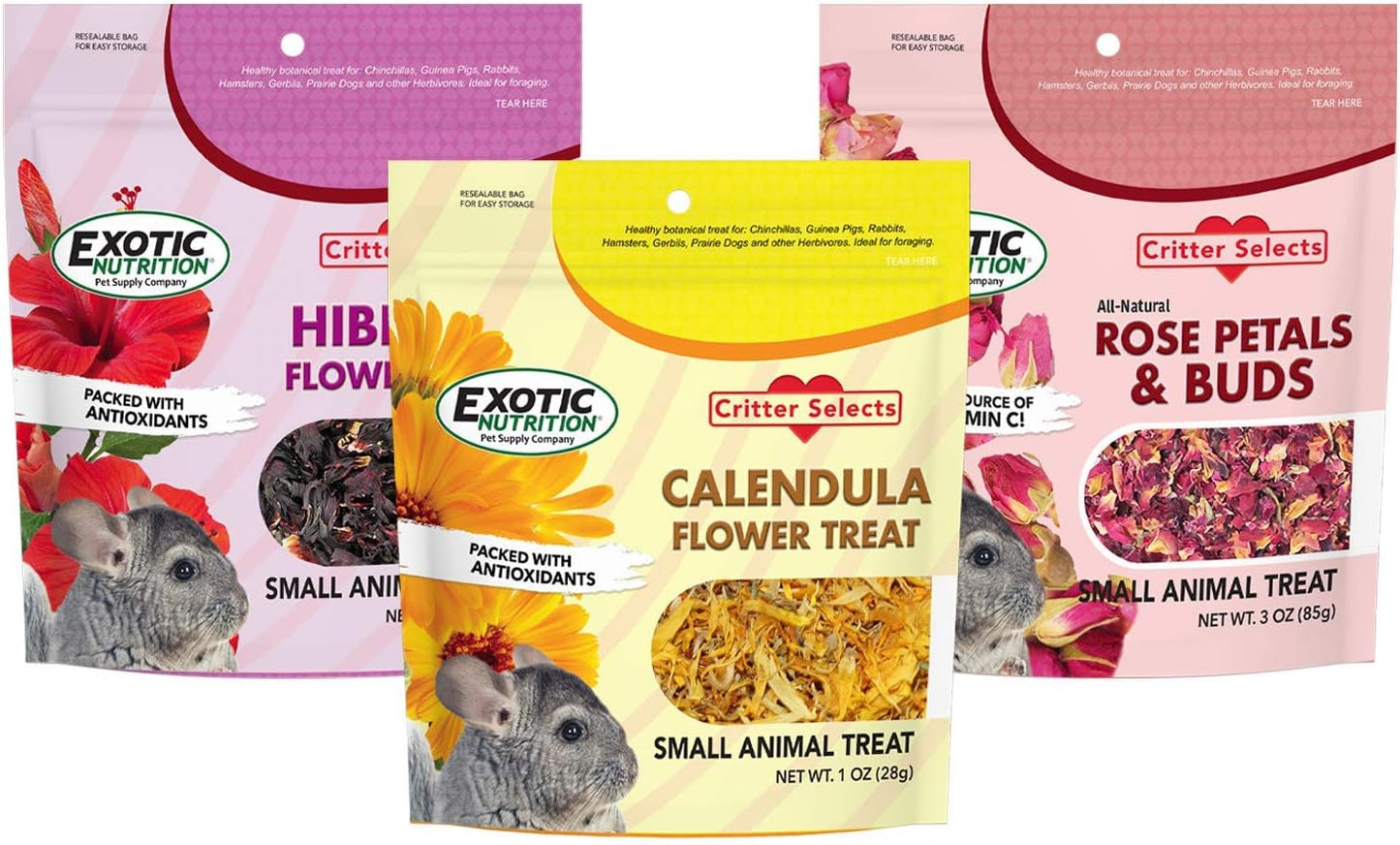 Exotic Nutrition Flower Treat 3 Pack - Healthy Assortment - Hibiscus, Calendula, Rose - for Squirrels, Guinea Pigs, Rabbits, Chinchillas, Prairie Dogs, Degus, Hamster, Gerbils, & Other Herbivores