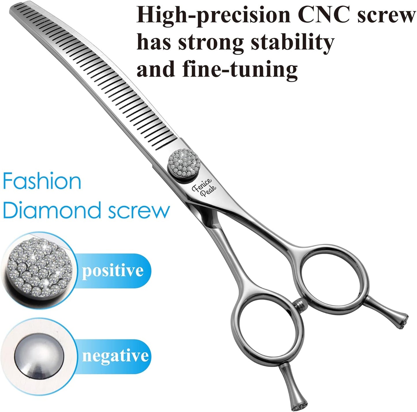 Fenice Peak 6.5‘’ Curved Thinning Dog Grooming Scissors with Jewelled Screw 440C Stainless Steel Pet Grooming Bulking Shears with Symmetrical Handle and Decorative Tail Nails Fluffy Scissors
