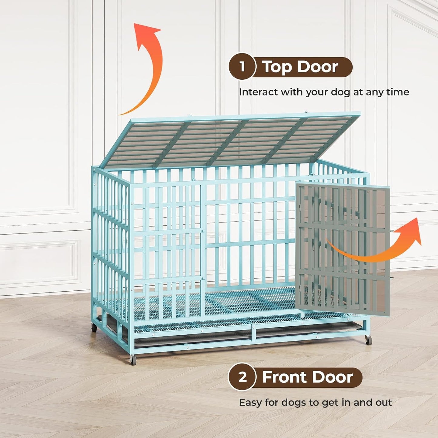 48IN Heavy Duty Dog Crate Steel Escape Proof, Indoor Double Door High Anxiety Cage Removable Tray, Extra Large,Blue