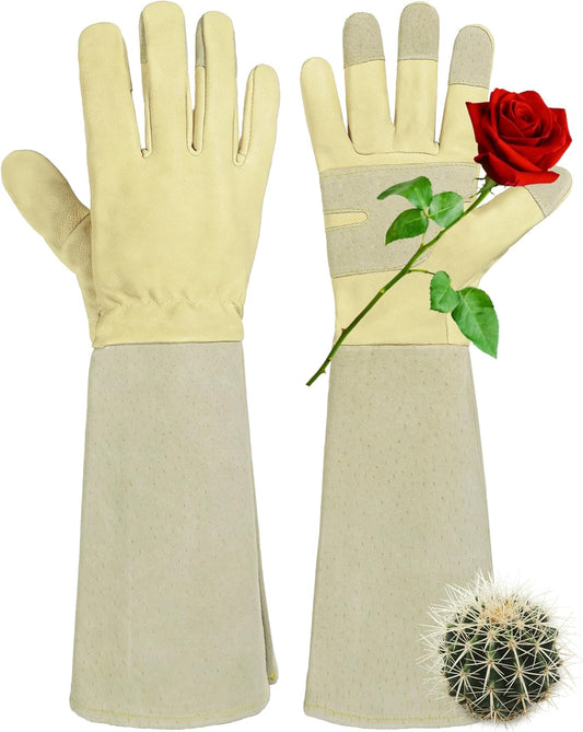 HANDLANDY Rose Pruning Gardening Gloves for Men Women, Thorn Proof Forearm Protection Leather Garden Gloves, Gardening Gifts for Gardeners (Beige- Goatskin, X-Large (Pack of 1))