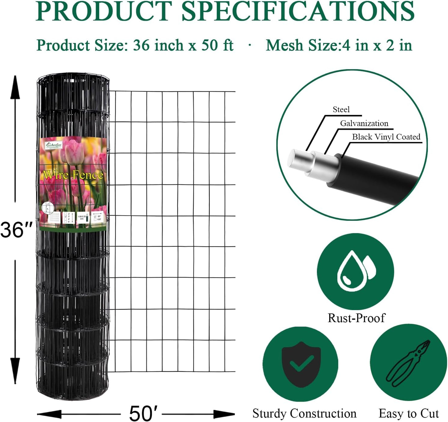 Black PVC Coated Welded Wire Fence 36 Inch x 50 Foot, 2 Inch x 4 Inch 15GA, Garden Border Fencing Roll Vinyl Coating Metal Wire Mesh Hardware Cloth for Yard Vegetable Plant Protection