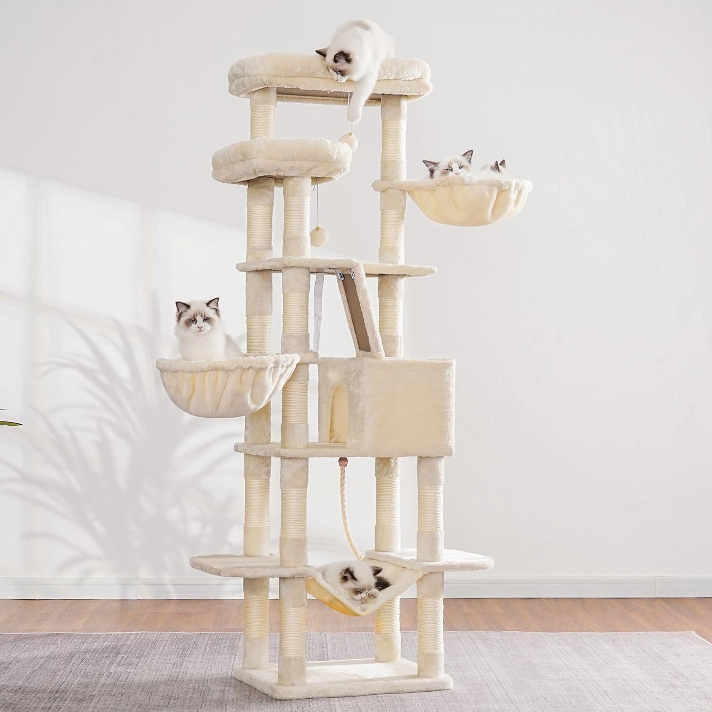 Heybly Cat Tree, 68 inch Multi-Level Cat Tower for Indoor Cats, 2 Widened Plush Perches Cat Condo with Scratching Board and Big Caves, Beige HCT025M