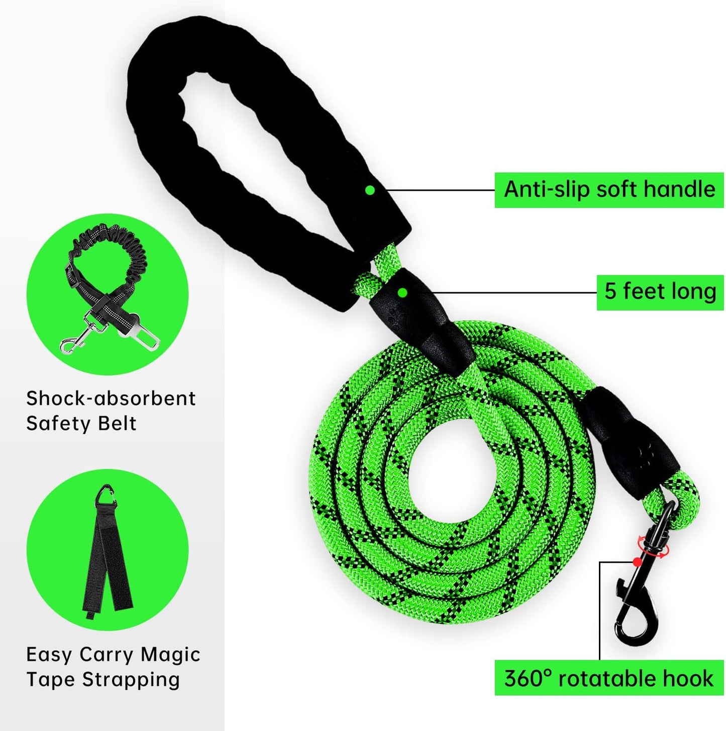 IVY&LANE No Pull Dog Harness for Large Dogs, Dog Vest Harness with Leash, Safety Belt and Storage Strap, Fully Adjustable Harness, 360° Reflective Strip, Soft Handle (Green, XL)