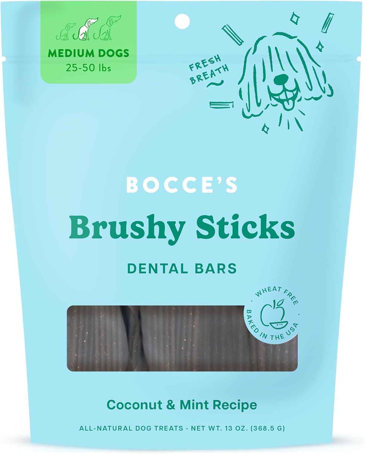 Bocce's Bakery Dailies Brushy Sticks to Support Oral Health & Fresh Breath, Wheat-Free Dental Bars for Dogs, Made with Real Ingredients, Baked in The USA, All-Natural Coconut & Mint, Medium Dogs
