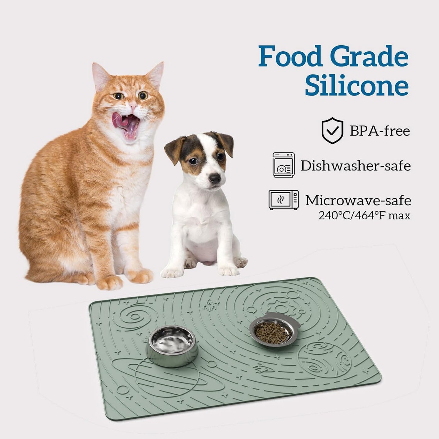 OHMO Dog Food Mat, Silicone Waterproof Cat Food Mat, Non-Skid Spill Proof Pet Feeding Mat for Food and Water, Easy to Clean Dog Placemat(Sage Green, 23.6" x 15.8")