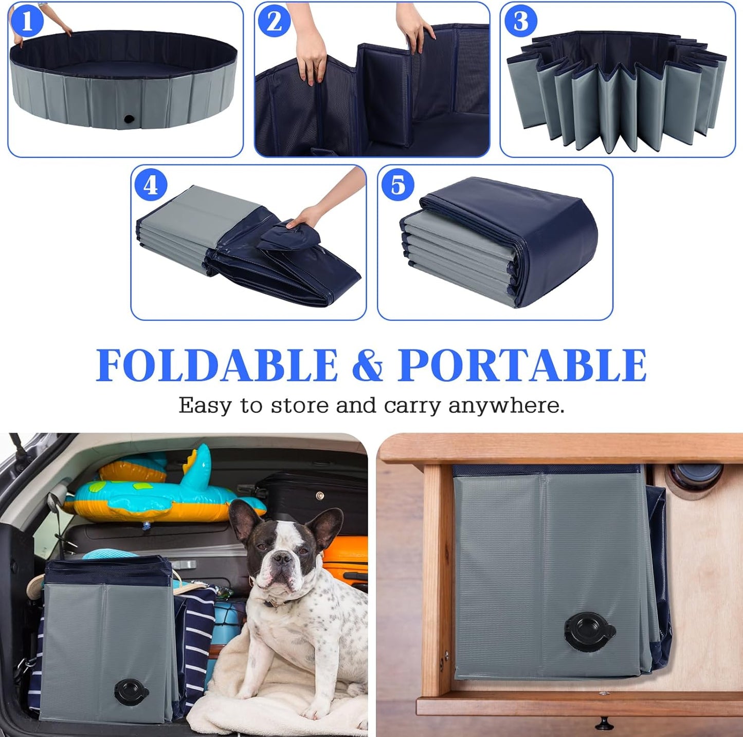 Foldable Dog Bath Swimming Pool Plastic Kiddie Pool Professional Tub Collapsible Grooming Bathtub for Pets Kids Baby and Toddler, 48 x 12 Inches Gray