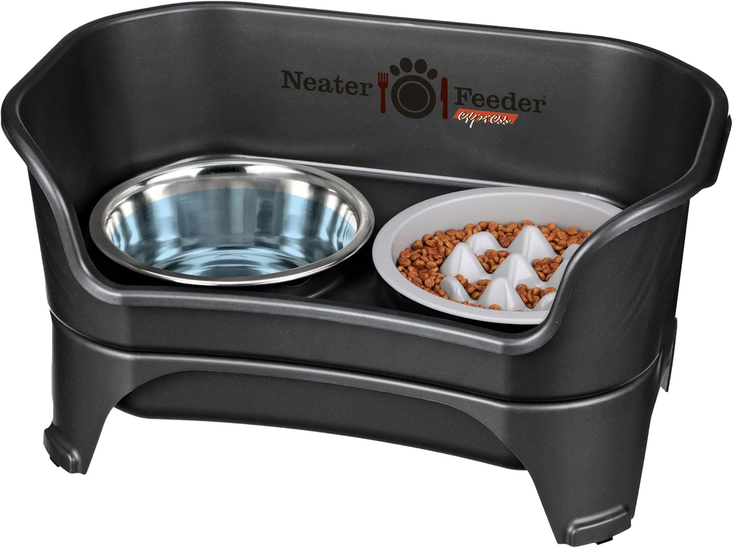 Neater Feeder Express Mess Proof Dog Bowls Elevated for Medium and Large Breed – Made in USA – No Spill Raised Slow Feeder Elevated Dog Bowl Stand, Slow Feed Food and Water Bowl Set, Black
