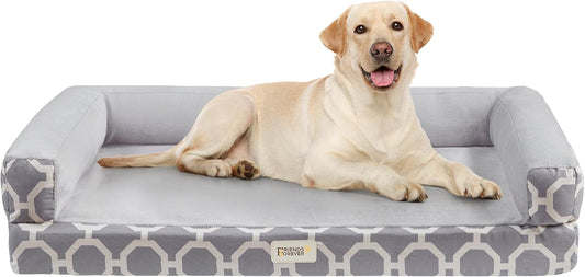 Friends Forever Harper Memory Foam Orthopedic Dog Bed, Calming Couch For Indoor Pet With Bolster, Machine Washable Extra Soft Faux Suede Removable Cover, Plush Crate Mat, 44x34x10", Grey