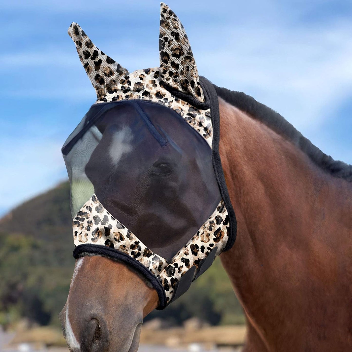 Harrison Howard LumiVista Horse Fly Mask Standard with Ears UV Protection for Horse Leopard Print XL Extra Full