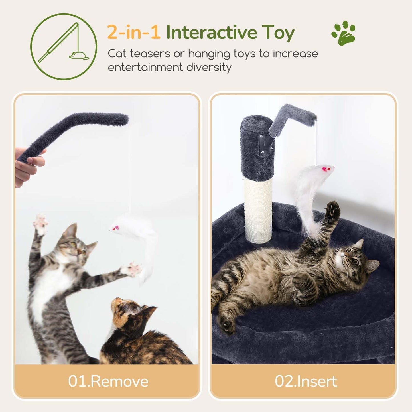 Globlazer Large Cat Tree Tower, Tall Cat Tree Condos for Indoor Cats Large Adult Cat Climbing Tower with 2 Spacious Caves, Oversized Top Perch, Big Hanging Basket, Cat Teaser Wand, F74B, Dark Grey