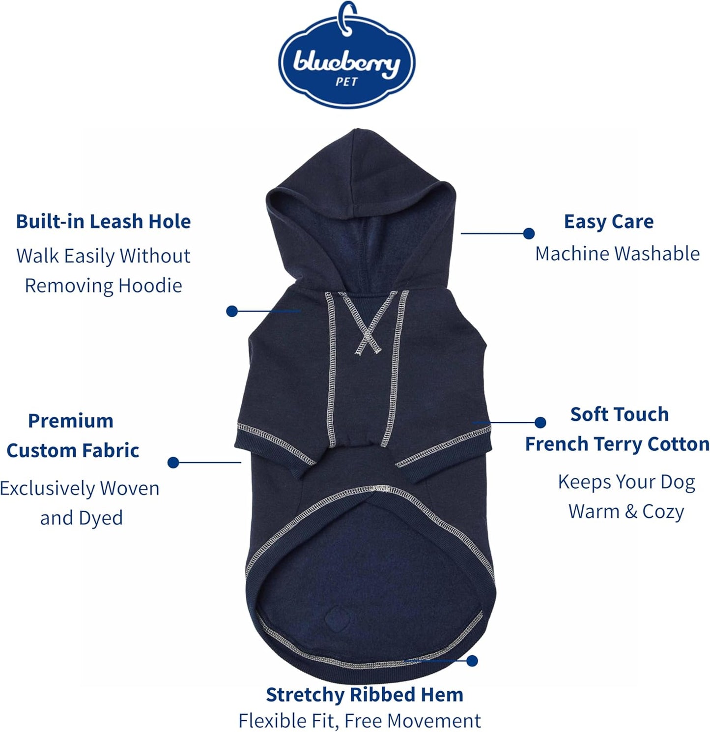 Blueberry Pet Essentials Soft & Comfy Midnight Blue Dog Hoodie Sweatshirt, Award-Winning Clothes for Medium Sized Dogs, Jersey for Small Dogs, 10" Back Length, Cozy Hoodie with Hood & Fleece