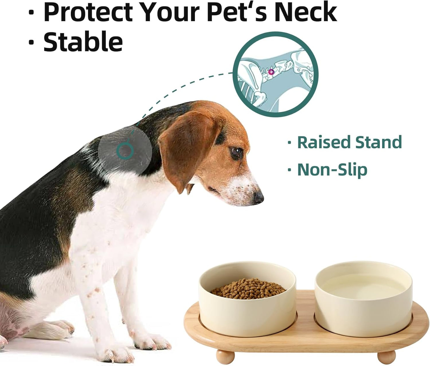 Ceramic Elevated Dog Bowls, Food and Water Bowls for Dogs, Puppy, Raised Dog Dish, Pet Feeder(6inch, 2 x Beige + Stand)