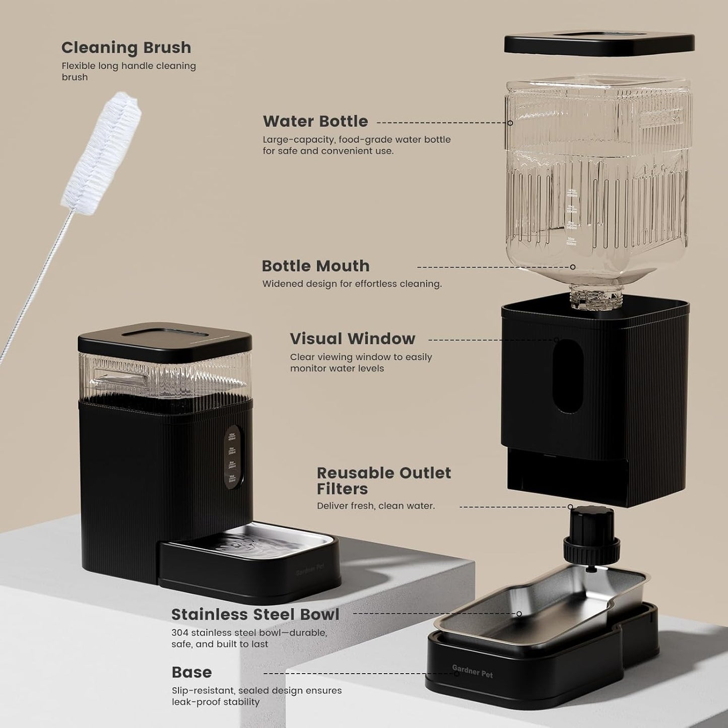 Gardner Pet Automatic Dog Water Dispenser Gravity Waterer with Stainless Steel Bowl Water Dispenser 8.5L Large Capacity Water Feeder for Dogs Cats Pets, BPA-Free Noise-Free (Black, 8.5L)