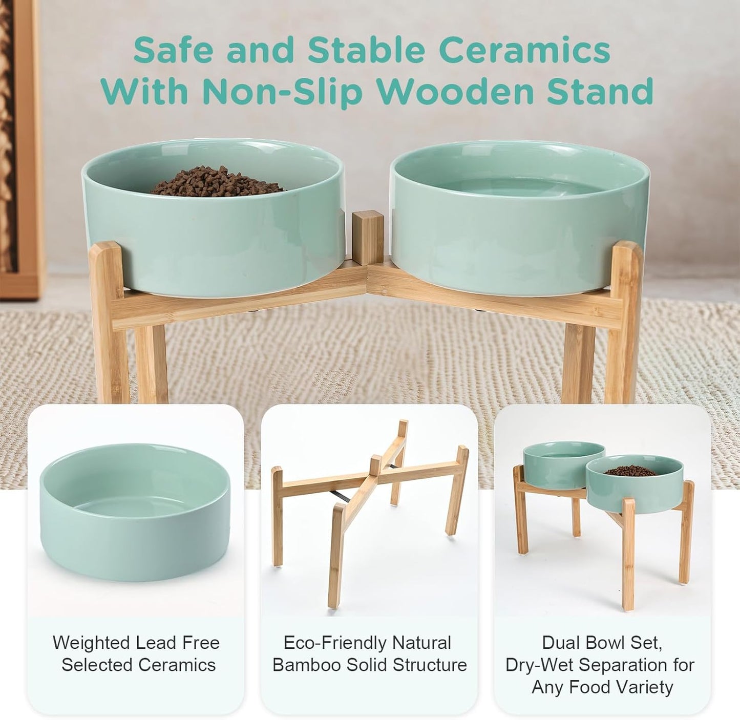 SPUNKYJUNKY Elevated Dog Bowls Ceramic, 8.3'' Dogs Food Water Bowls Raised with Non-Slip Bamboo Stand for Large Sized Breed Microwave Dishwasher Safe - 60 OZ,Light Green