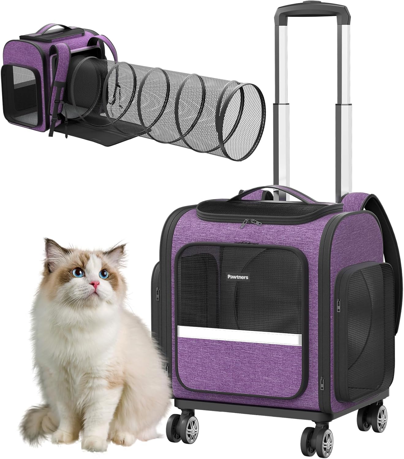 Rolling Cat Carrier with Wheels Dog Carrier for Small Dogs & Medium Cats, Expandable Pet Carrier on Wheels with Cat Play Tunnel, Large Capacity, Breathable Mesh, Side Pocket, Purple