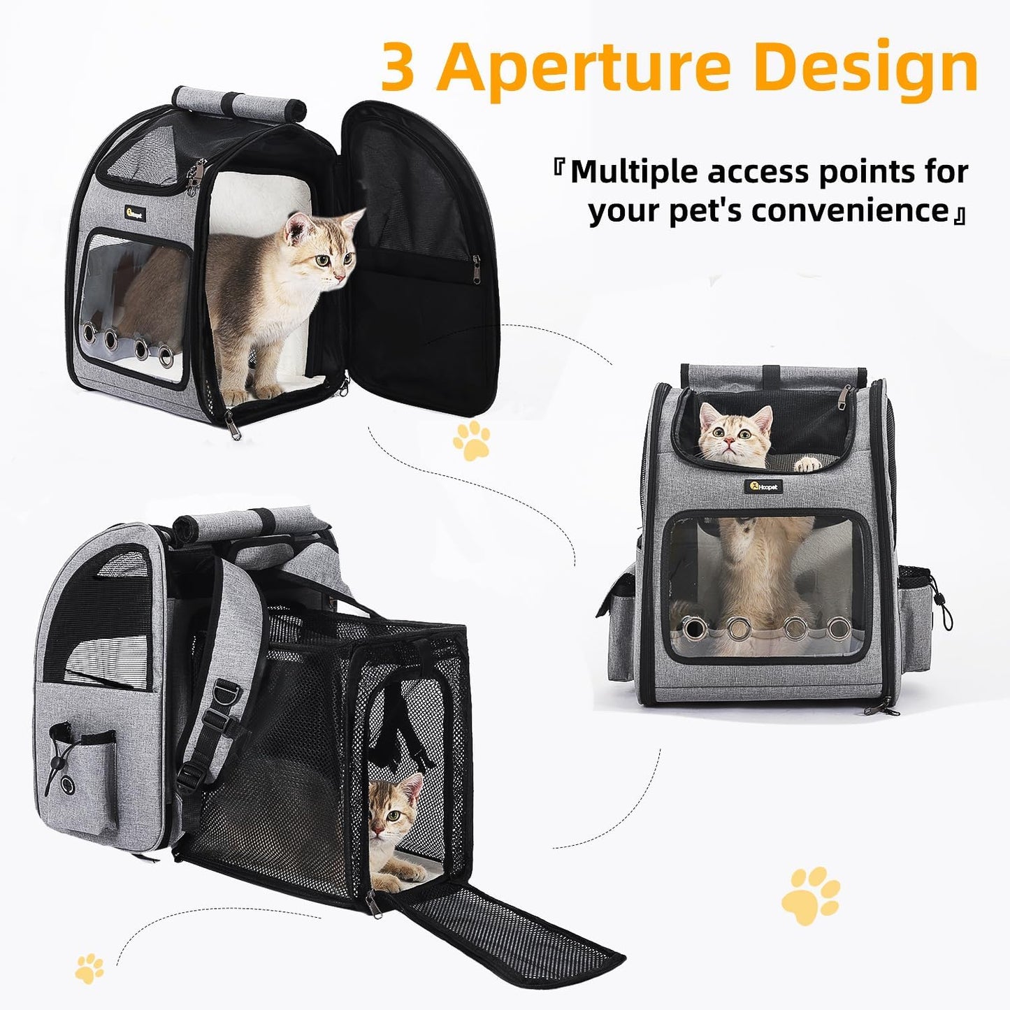 Hoopet Expandable Cat Backpack Carrier – Breathable Pet Carrier for Small Cats & Dogs, Foldable Travel Backpack with Mesh Ventilation for Hiking, Walking, Camping, Light Grey
