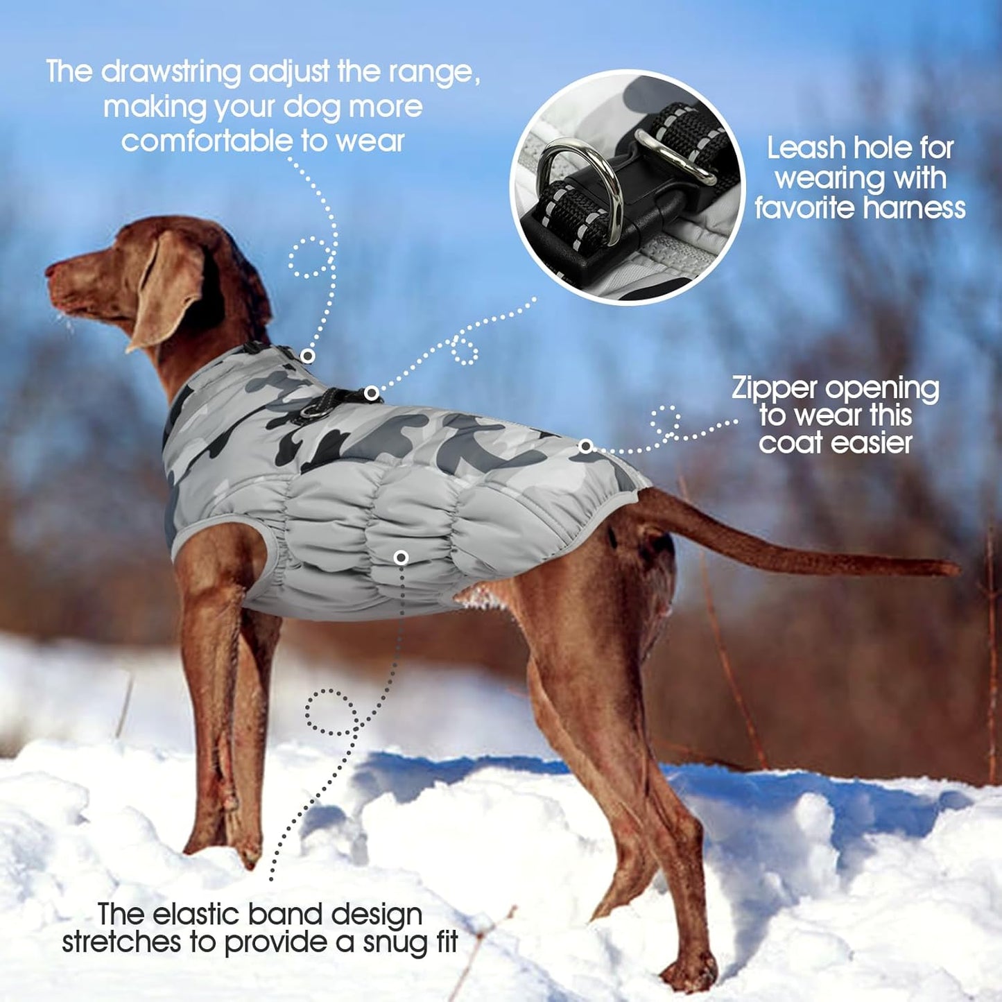 FUAMEY Dog Coat for Large Dogs,Waterproof Dog Winter Jacket with Harness Built in Puppy Cold Weather Coats Reflective Pet Vest with Zipper Warm Fleece Dogs Snowsuit Windproof Grey Camo L
