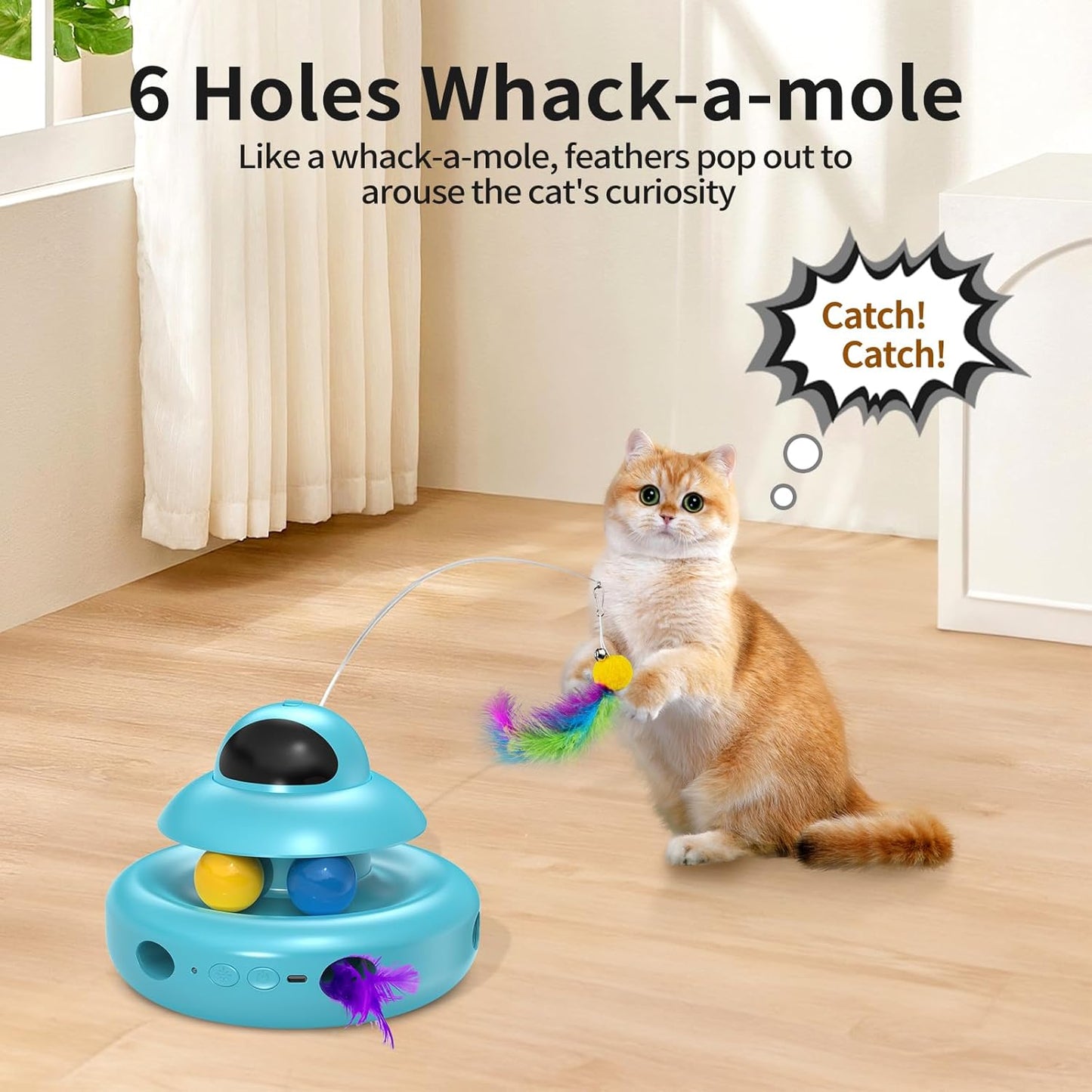 Cat Toys,4-in-1 Automatic Kitten Toy for Bored Indoor Adult Cats,lectric Flying Butterfly,Whack a Mole,Feather Track Balls,Blue