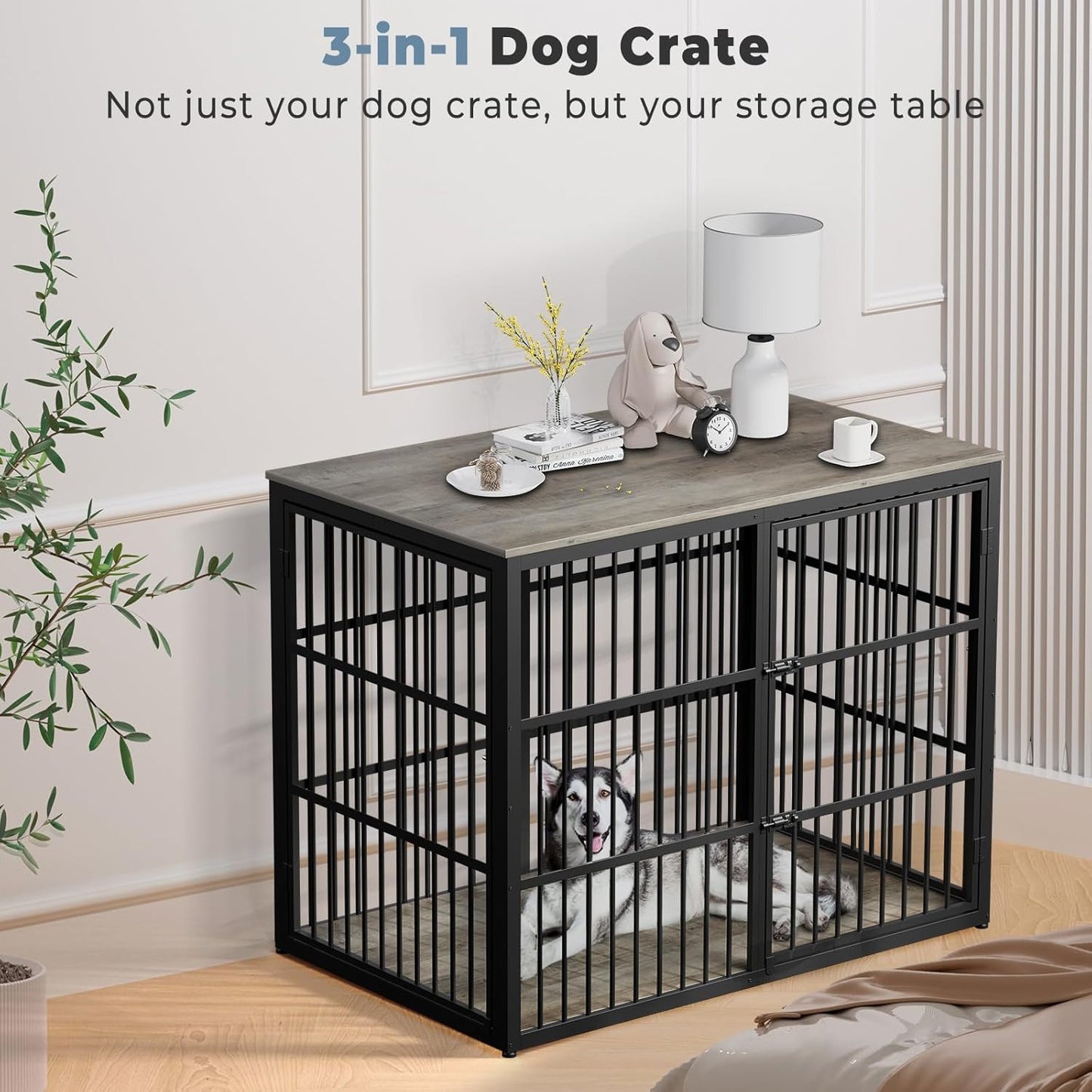 48'' XXL Dog Crate Furniture with 3 Doors, Wooden Crate End Table Heavy Duty Indoor Combination Cage for Medium to Large Dogs, Multiple Units Can be Combined, Grey