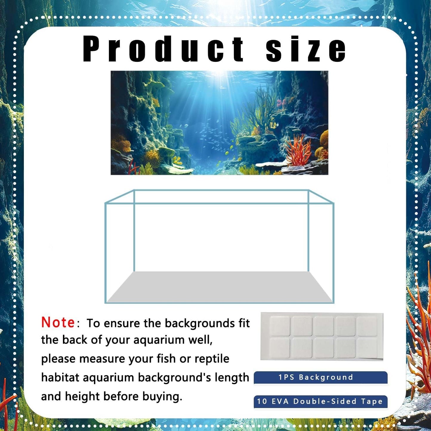 24X12IN Blue Sea Floor Aquarium Background, Natural Underwater World 3D Effect Fish Tank Decorations Background, Art Terrarium Background with 8 EVA Double-Sided Tape