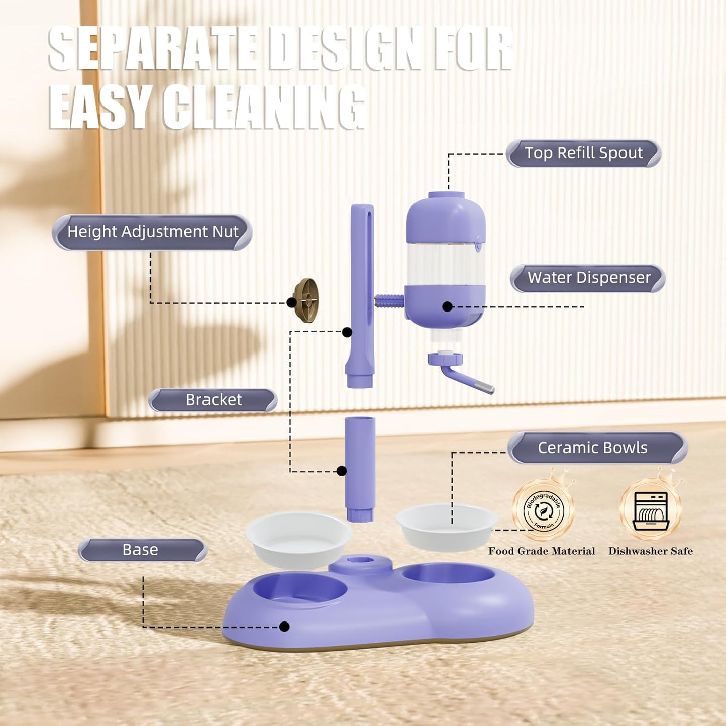 Dog Bowls with Puppy Weaning Bottles,3 in 1 Dog Bowl Set with Water Dispenser and 2 Food Grade Ceramic Bowls for Cats,Bunnies,Ferrets and Small Sized Dogs（Purple）