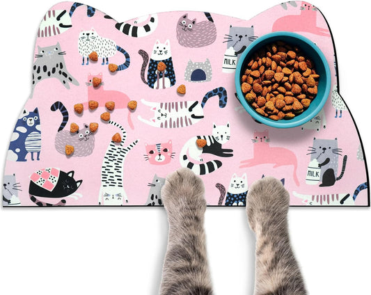 Cat Food Mats for Floor, Dog Water Bowl Mats Pet Feeding Absorbent Placemats for Food and Water Pink 17.7 * 9.8 inch