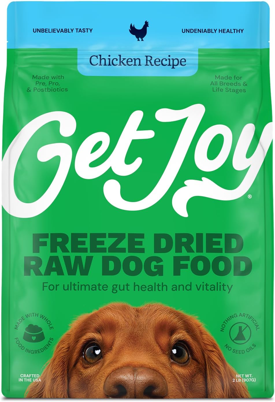 Get Joy Gut Health Fresh Freeze Dried Raw Meal, Chicken Recipe, 32 Ounce Bag, Dog Food for Dogs of All Breeds and Life Stages, PhD Animal Nutritionist Formulated, Made in USA