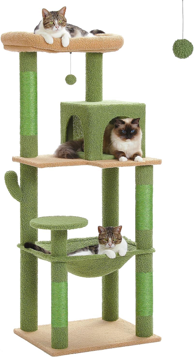 Cactus Cat Tree for Large Cats with Metal Plush Big Hammock, 56.3" Cat Tower for Indoor Cats with 2 Door Condo House, 6-Tier Cat Shelves with Scratching Posts and Large Top Perch,Green