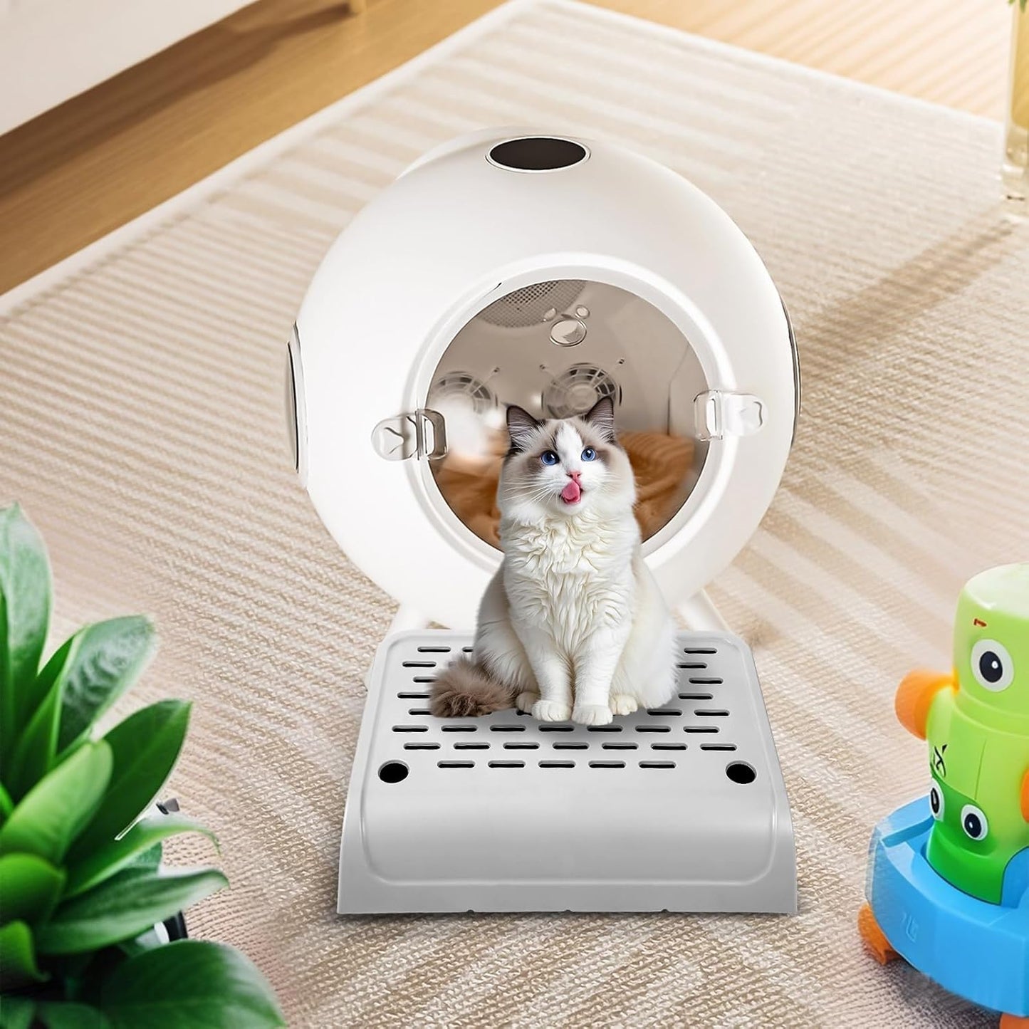 Cat Ramp for Litter Box Step, Stainless Steel Automatic Litter Box Ramp Cat Steps Mat with Filter Function, Double Layered Self Cleaning Cat Stairs with Storage Space for Litter Catcher (Grey)