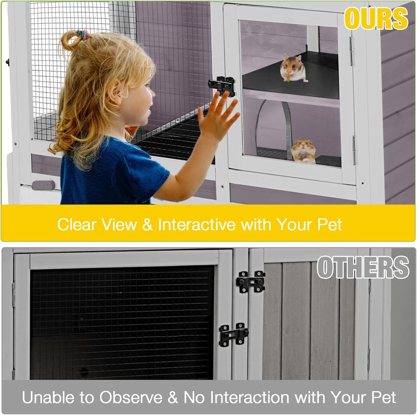 AIVITUVIN Wooden Guinea Pig Cage Indoor with Cooling Plate and Anti-Chewing Edges Two-Story Rabbit Hutch Pull Out Tray Outdoor Rabbit Cage with Raised Stand and Wire Mesh Small Animals Cage (Grey)